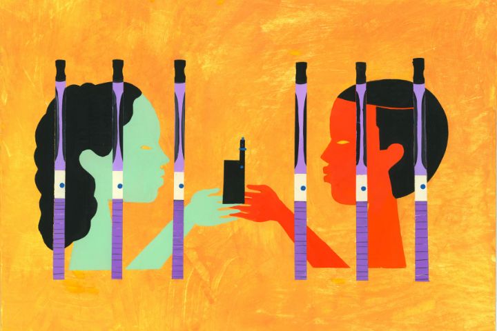 Illustration of two stylized faces, one green and one orange, separated by vertical vape pens, with hands reaching toward a vape device against an orange background.