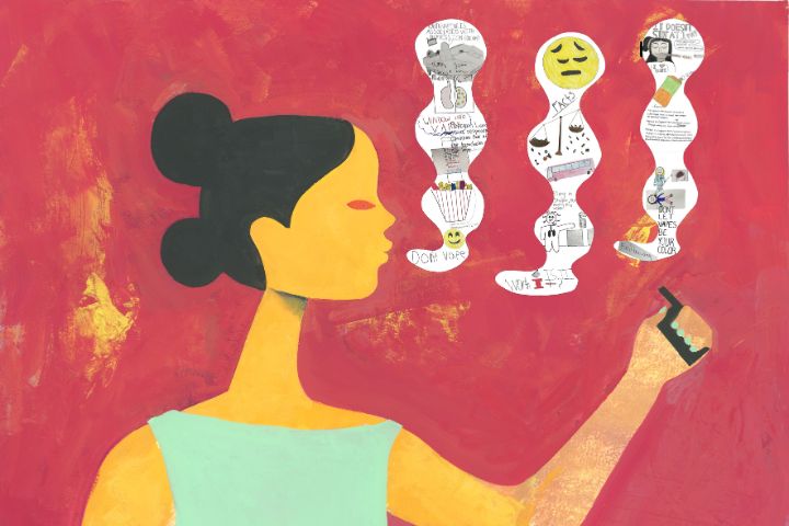 Illustration of a woman holding a vape pen, exhaling smoke shaped like thought bubbles filled with drawings and text, set against a red background.