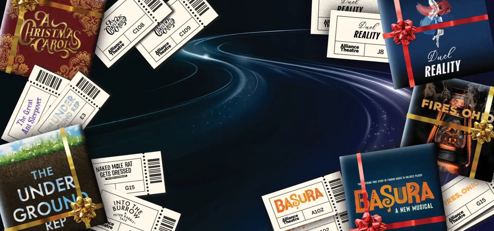 A dark, winding, light-streaked background with various theater and event tickets scattered across the image, including playbills and admission stubs—perfect for highlighting a Black Friday Weekend Sale.