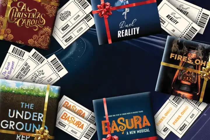 Various show tickets and gift-wrapped programs, including "A Christmas Carol," "Duel Reality," "Fires Oh," and "Basura," are arranged on a dark background for the Black Friday Weekend Sale.