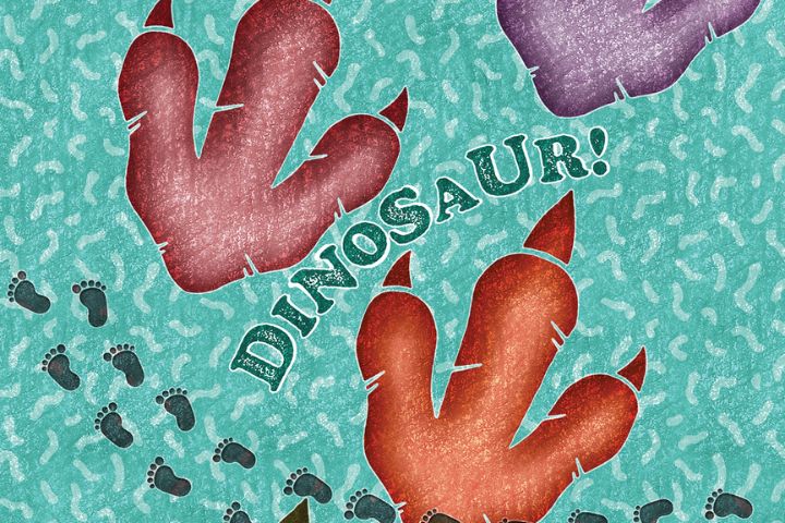 Illustration of large dinosaur footprints in red and purple, surrounded by small bird tracks on a teal patterned background, with "DINOSAUR!" splashed across the image—perfect for any toddler takeover art festival theme.