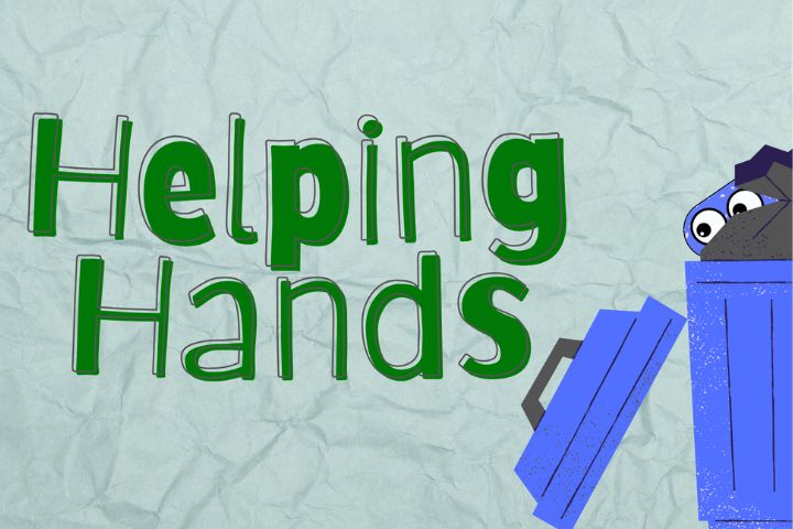 Text reads "Helping Hands" next to a blue garbage bin with a lid partially open, revealing cartoon eyes peeking out. Inspired by the Toddler Takeover Art Festival, the light blue textured background adds a playful touch.