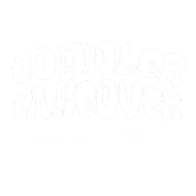 White bubble letters spell “Toddler Takeover” with smaller, less legible text underneath. Perfect for promoting your Toddler Takeover event, the design features a transparent background for versatile use.