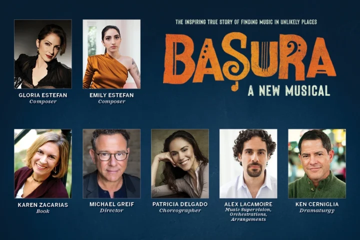Announcing the Creative Team of Basura: Promotional image for "Basura: A New Musical" featuring photos and roles of Gloria Estefan, Emily Estefan, Karen Zacarias, Michael Greif, Patricia Delgado, Alex Lacamoire, and Ken Cerniglia.