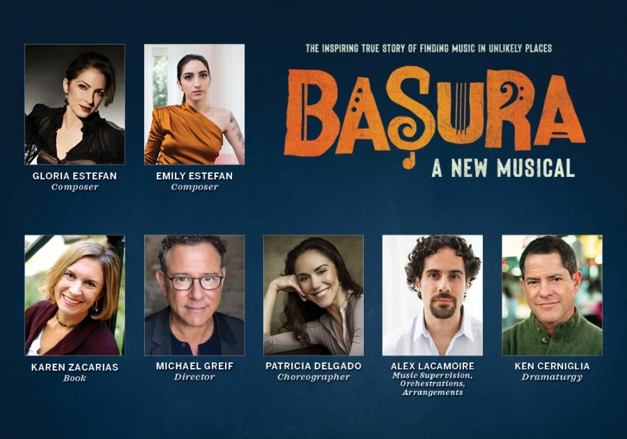 Announcing the Creative Team of Basura: Promotional image for "Basura: A New Musical" featuring photos and roles of Gloria Estefan, Emily Estefan, Karen Zacarias, Michael Greif, Patricia Delgado, Alex Lacamoire, and Ken Cerniglia.