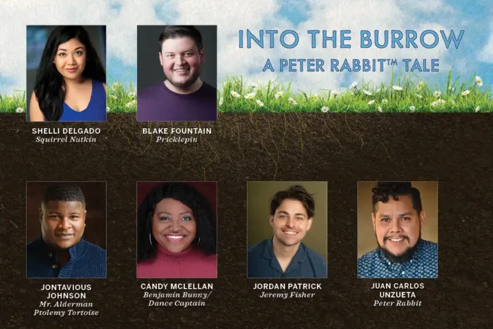 Announcing the Cast of The Underground Rep: Headshots of six "Into the Burrow: A Peter Rabbit Tale" cast members, with their names and character roles listed below each photo against a grass and sky-themed background.