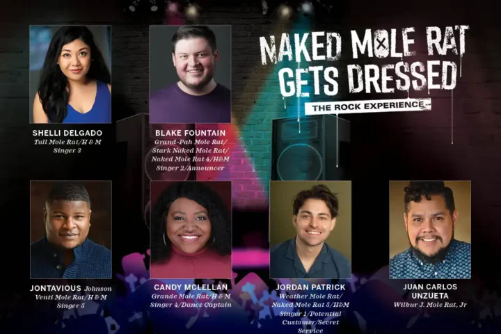 Announcing the Cast of The Underground Rep: Cast members of "Naked Mole Rat Gets Dressed: The Rock Experience" are shown with their names, roles, and character names on a dark, rock-themed background.