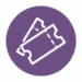 White icon of two event tickets on a purple circular background.