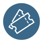White outline of two overlapping tickets inside a blue circle on a light gray background.