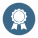 Icon of a generic award ribbon with two tails, displayed in white on a blue circular background.