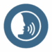 White silhouette of a face in profile speaking, with sound waves, inside a blue circular background. This icon represents voice or speech.