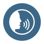 White silhouette of a face in profile speaking, with sound waves, inside a blue circular background. This icon represents voice or speech.