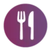 A white fork and knife icon on a purple circular background.