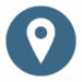 A white map location pin icon centered on a blue circular background.