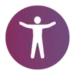 A white stick figure with arms extended stands in the center of a purple circular background.