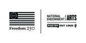 Black-and-white logos for Freedom 250 and the National Endowment for the Arts with Poetry Out Loud, separated by a vertical line.