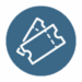 Icon of two event tickets outlined in white on a blue circular background.