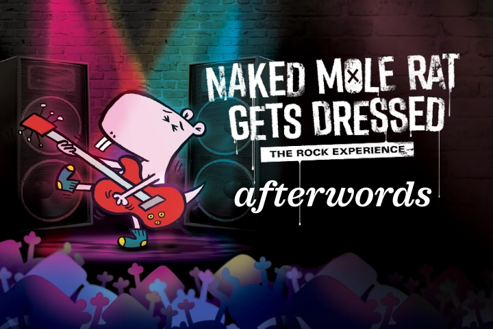 Cartoon naked mole rat plays red guitar on stage with "Naked Mole Rat Gets Dressed: The Rock Experience afterwords" written on a brick wall backdrop.