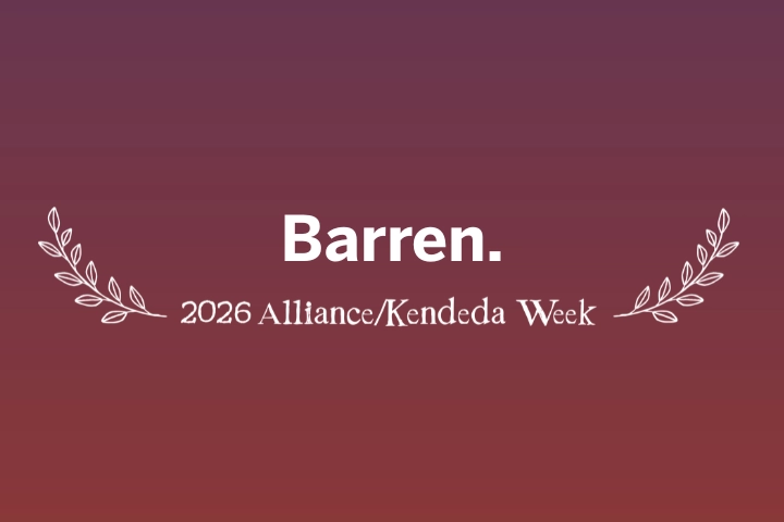 Text on a gradient burgundy background reads: “Barren. 2026 Alliance/Kendeda Week” with decorative leaf graphics on either side.