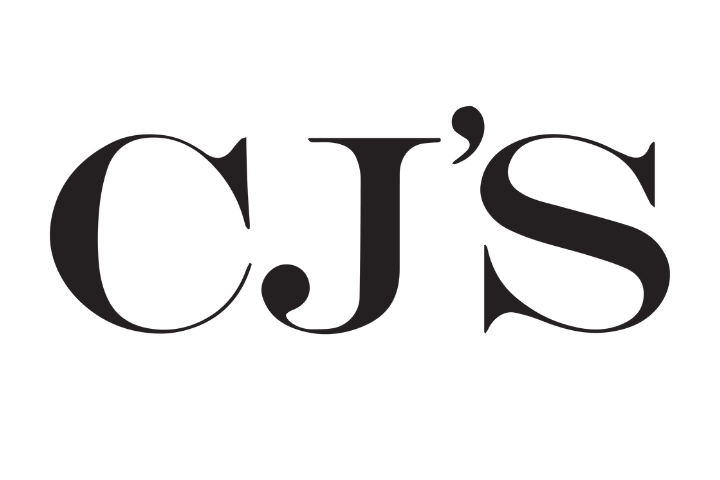 The image displays the text "CJ'S" in large, bold, black serif font on a white background.