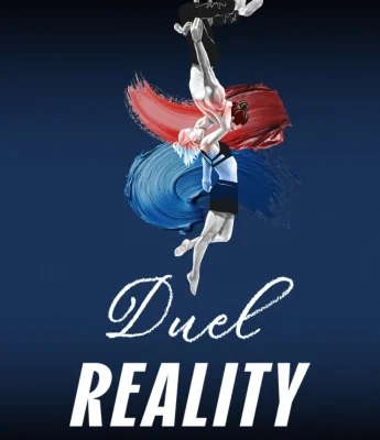 Two acrobats perform on aerial straps with red and blue paint swirls behind them, capturing the dynamic spirit of Duel Reality. Experience the thrill live on the Knock Knock Stream.