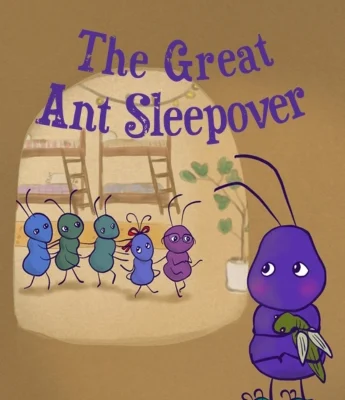 Illustrated book cover titled "The Great Ant Sleepover" shows a group of colorful ants inside a cozy room by the Knock Knock Stream, with a purple ant holding a pillow and blanket in the foreground.