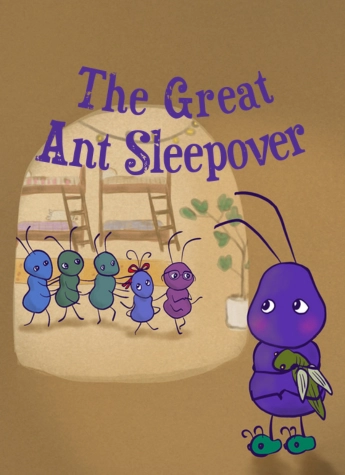 Illustrated book cover titled "The Great Ant Sleepover" shows a group of colorful ants inside a cozy room by the Knock Knock Stream, with a purple ant holding a pillow and blanket in the foreground.