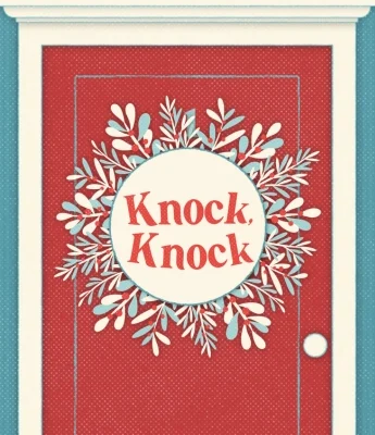 A red door with a white and blue wreath displaying the words "Knock Knock Stream" in the center.