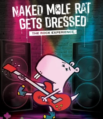 Cartoon naked mole rat playing an electric guitar in front of speakers, with "Naked Mole Rat Gets Dressed: The Rock Experience" and a Knock Knock Stream vibe above.