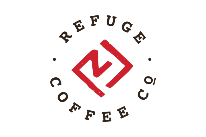 Refuge Coffee Co. logo with a red geometric design in the center, surrounded by the company name in black capital letters arranged in a circular pattern.
