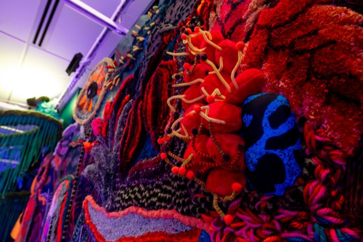 A close-up of a colorful, textured fiber art installation featuring abstract shapes in red, purple, black, and blue, with prominent protruding yellow strands.