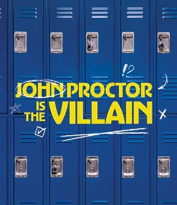 Blue school lockers with the words "John Proctor is the Villain" in large yellow text, along with white doodles and symbols on the locker doors.