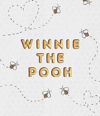 Text "Winnie the Pooh" in honey-colored letters with cartoon bees flying and dotted lines on a light hexagon-patterned background.