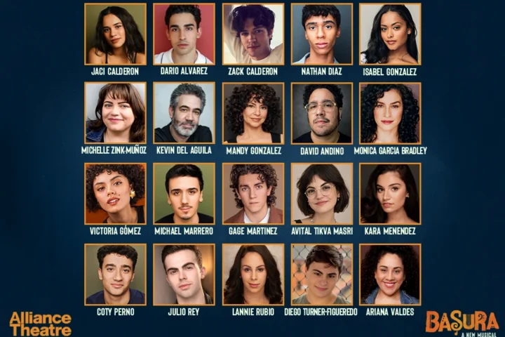 Announcing the Cast of Basura: A grid of 20 headshots features cast members of the new musical, with names below each photo and logos for Alliance Theatre and Basura in the bottom corners.