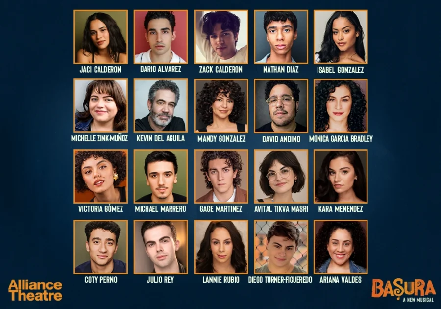 Announcing the Cast of Basura: A grid of 20 headshots features cast members of the new musical, with names below each photo and logos for Alliance Theatre and Basura in the bottom corners.