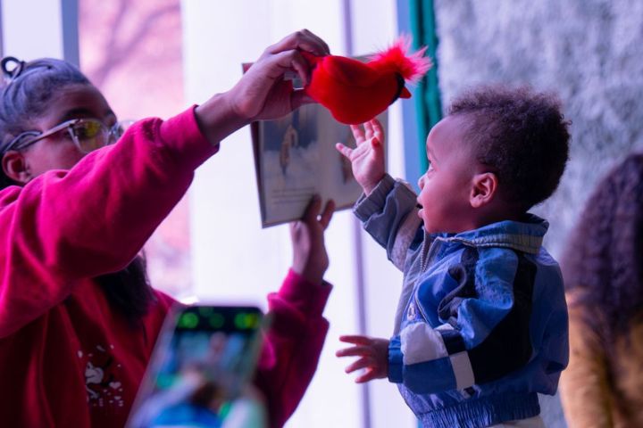 An adult holds up a red plush toy and book while a young child in a blue jacket reaches toward the toy.