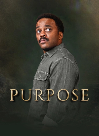 A man in a gray button-up shirt looks over his shoulder against a dark background, embodying a sense of purpose, with the word “PURPOSE” in large gold letters at the bottom.