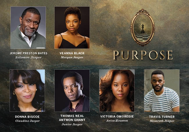 Headshots of six actors with their character names from "Purpose" are set against a dark background, featuring the word "PURPOSE" and a framed mirror at the center to reflect the show's central theme.