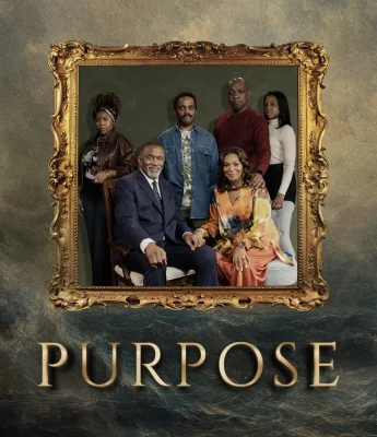 Six people pose for a formal portrait in a decorative frame above the word “PURPOSE,” the concept reflected in their poised expressions and unified stance, set against a textured dark background.