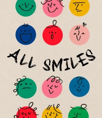 Twelve colorful circles with different hand-drawn faces and expressions surround the bold, playful "ALL SMILES" lettering, capturing a cheerful vibe that truly lives up to its name.