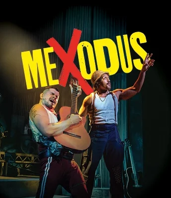 Two performers on stage, one playing guitar, set before bold yellow "MEXODUS" with a striking red "X," evoke the rebellious spirit found in the Dictionary of the Vulgar Tongue.