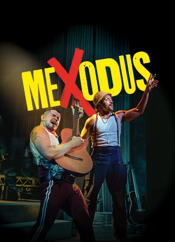 Two performers on stage, one playing guitar, set before bold yellow "MEXODUS" with a striking red "X," evoke the rebellious spirit found in the Dictionary of the Vulgar Tongue.