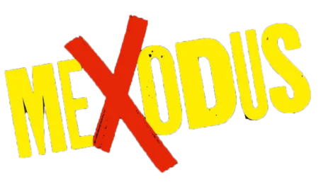 The word "MEXODUS" is written in bold yellow letters with a large red X crossing out the letters "EX", evoking the spirit of The Great Ant Sleepover with its striking and playful design.