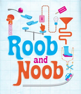Colorful Rube Goldberg-inspired contraptions surround the playful "Roob and Noob" logo on a graph paper background, capturing the inventive spirit of Roob and Noob's adventures.
