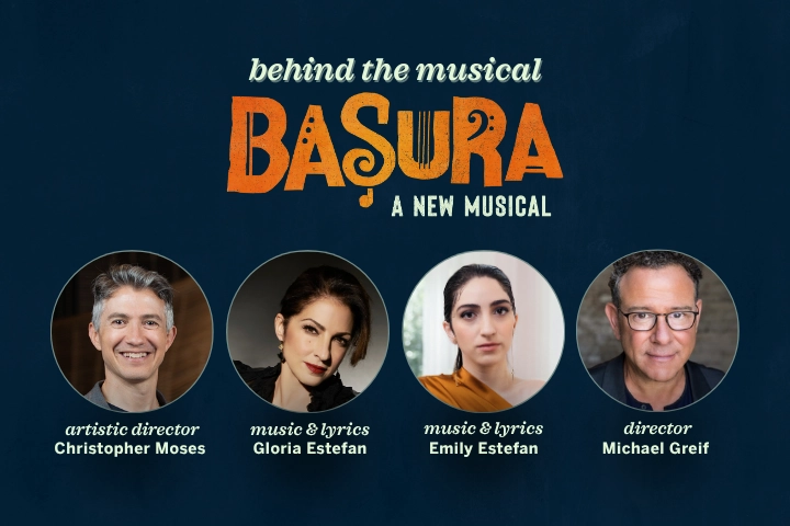 Promotional graphic for "Basura: A New Musical" featuring headshots and names of Christopher Moses, Gloria Estefan, Emily Estefan, and Michael Greif with their respective roles. Discover more in Behind the Musical: Basura.