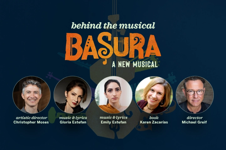 Promotional graphic for "Behind the Musical: Basura," featuring headshots and names of the artistic team: Christopher Moses, Gloria Estefan, Emily Estefan, Karen Zacarías, and Michael Greif.