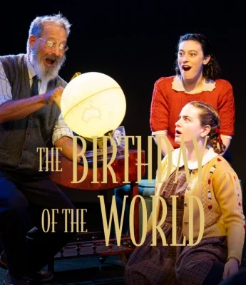 Three people sit around a glowing globe in a dark setting, as if witnessing a Dinosaur Stream; two young women in vintage clothing and an older man gesture animatedly. Text reads, "The Birthday of the World.