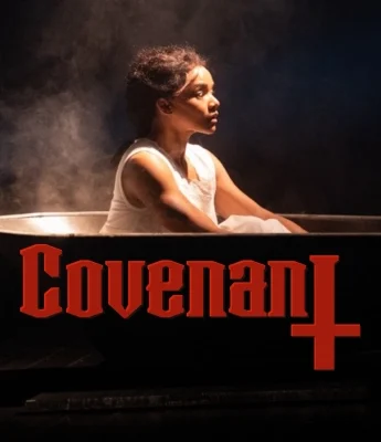 A woman in a white dress sits in a dark, smoky tub. The word "Covenant" appears in bold red letters with an inverted cross, as shadows swirl like a mysterious Dinosaur Stream around her.