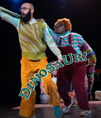 Two people in colorful outfits perform on stage; one points ahead while the other holds their arm. The word "DINOSAUR!" and "Dinosaur Stream" are written across the image.