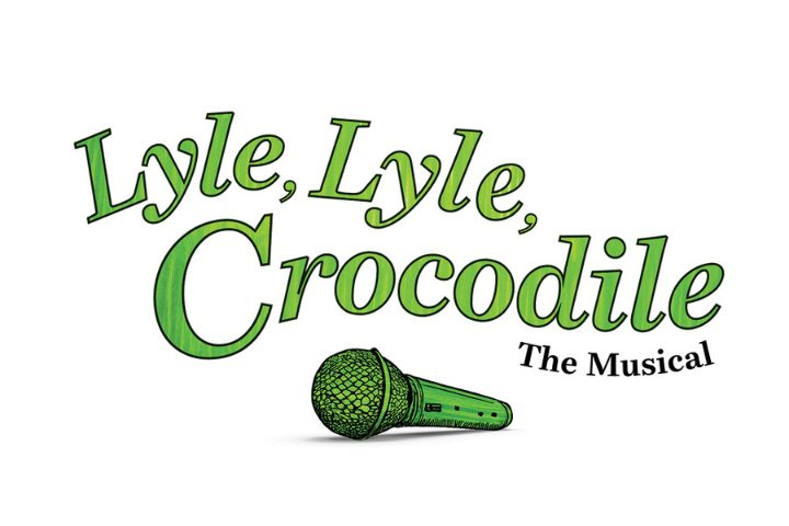 Green text reads "Lyle, Lyle, Crocodile The Musical" with an illustration of a green microphone below the lettering.